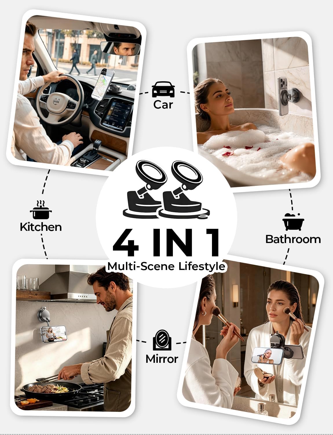 LISEN montado en azulejo de cocina mostrando uso fuera del coche y versatilidad