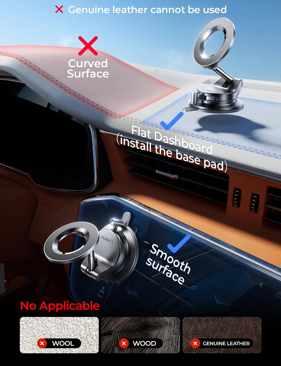 LISEN escena lifestyle dentro del coche, uso seguro en trayectos largos