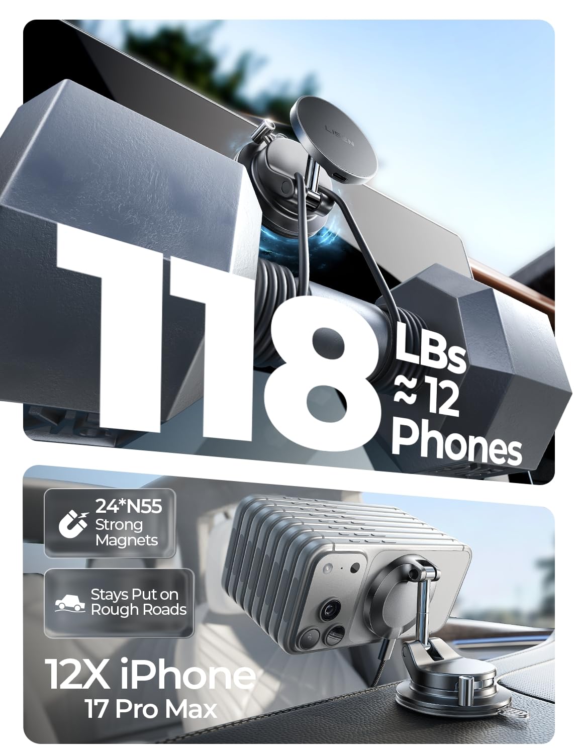 LISEN en uso con GPS mostrando carga instantánea y manejo sin distracciones
