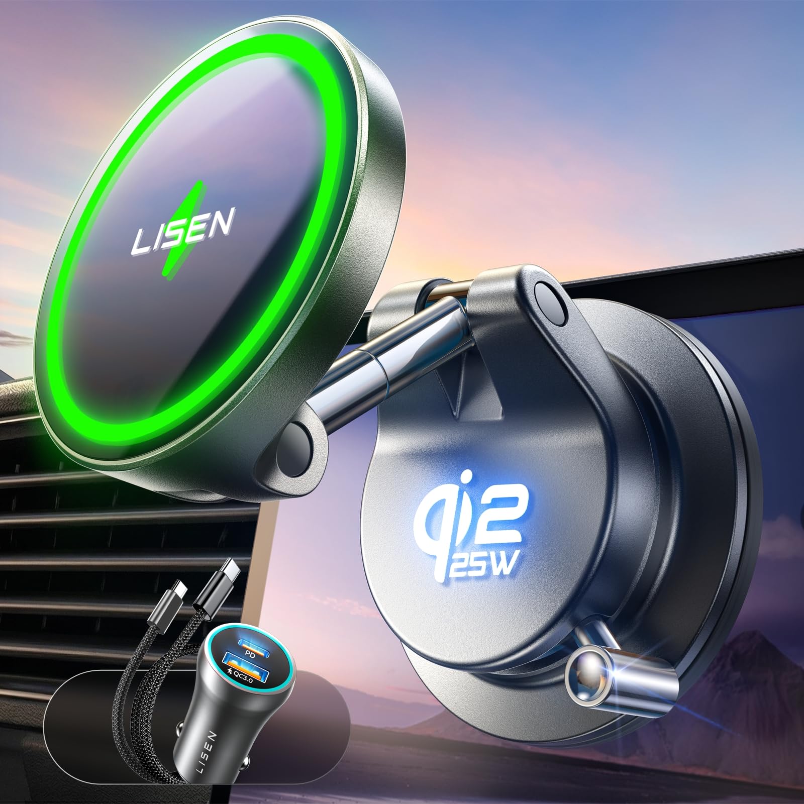 LISEN front view showing secure mount and charging while driving