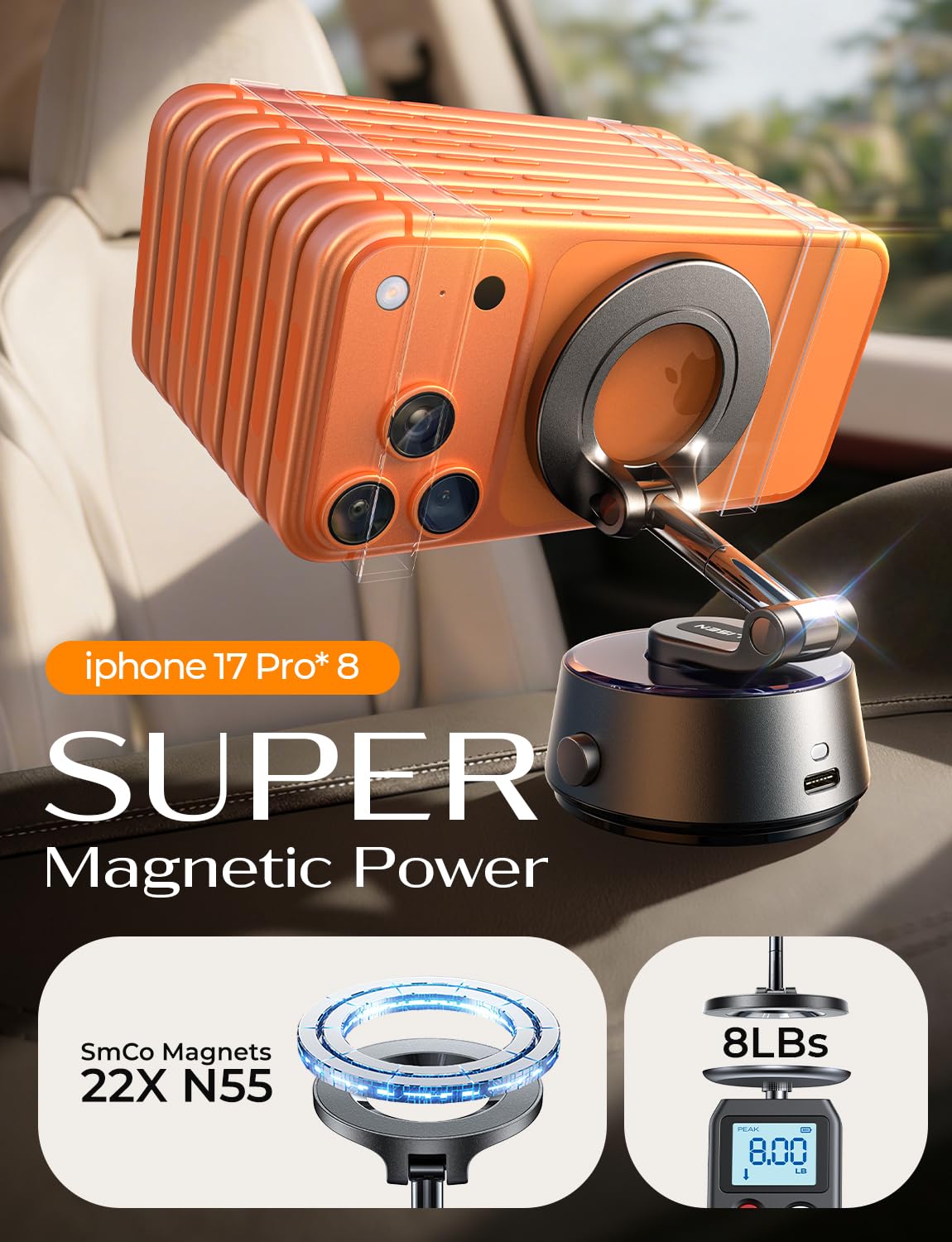 LISEN soporte sujetando un iPhone 17 Pro Max con firmeza