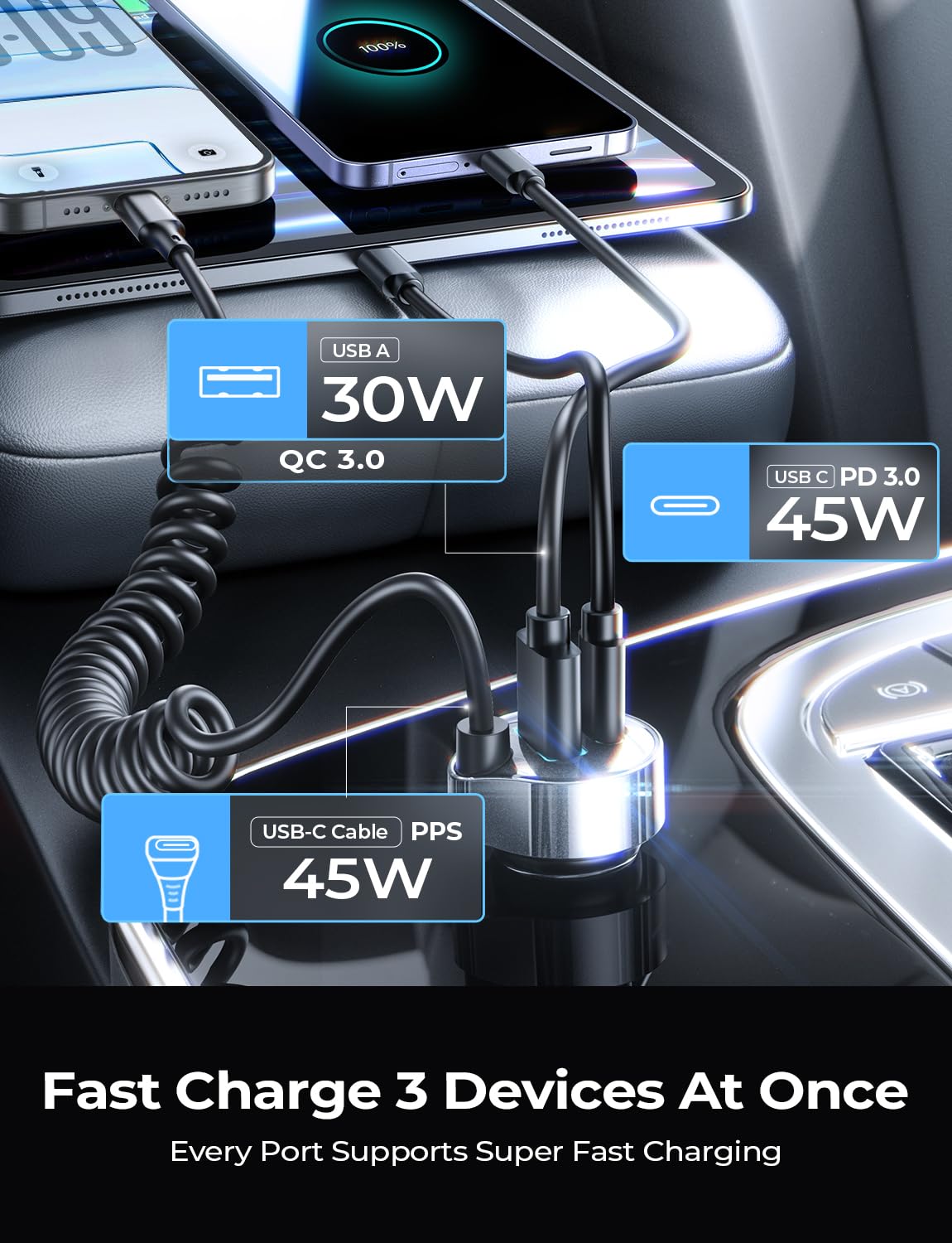 LISEN cargador con cable extendido alimentando un pasajero trasero eficientemente