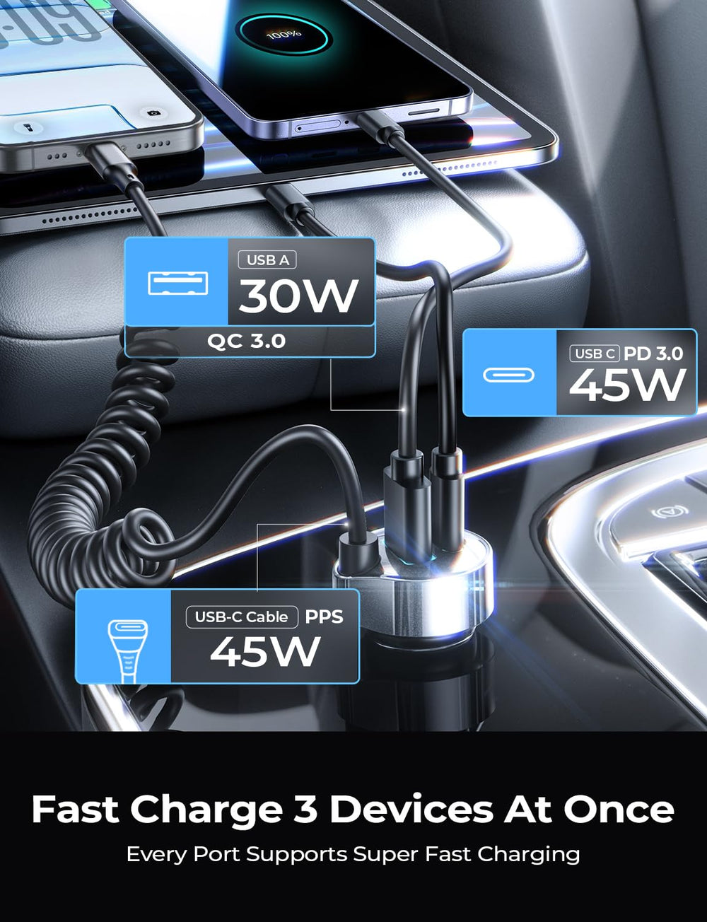 LISEN cargador con cable extendido alimentando un pasajero trasero eficientemente