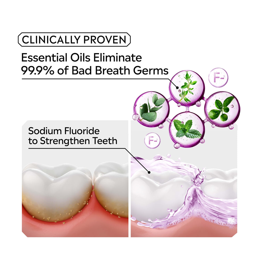 Listerine comparación con cepillo de dientes para referencia de tamaño