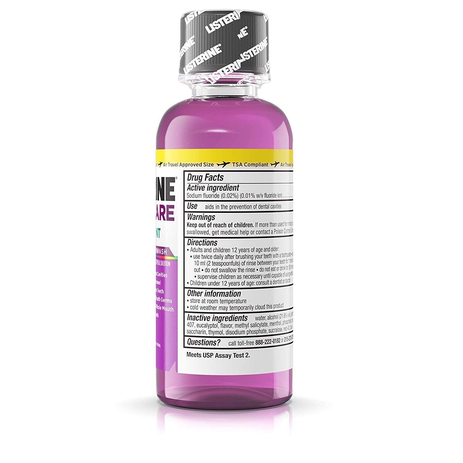 Listerine Total Care en neceser mostrando tamaño 95 ml, práctico para viajar y frescura