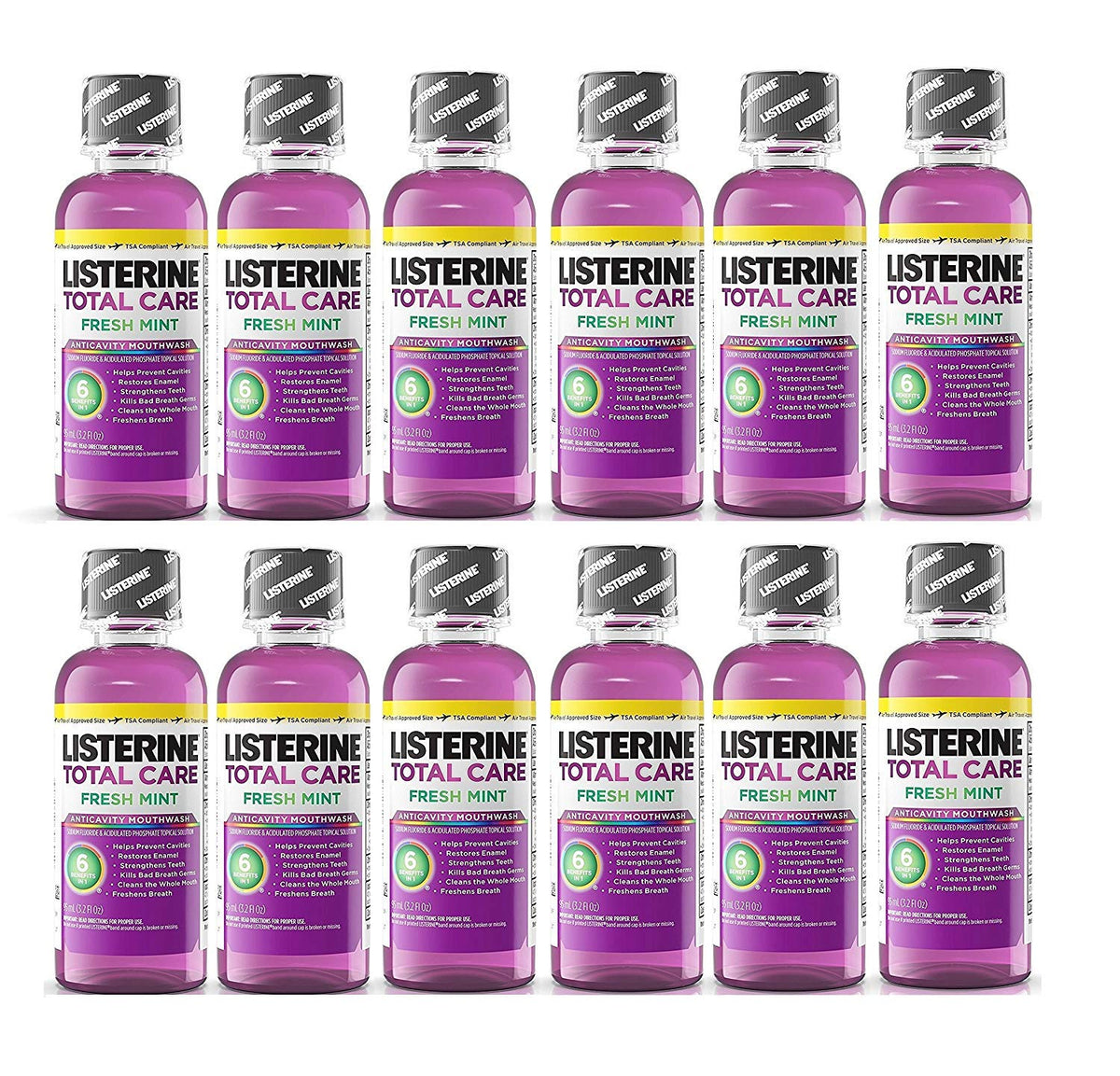 Listerine Total Care frente del envase menta fresca pack de viaje, sensación de limpieza