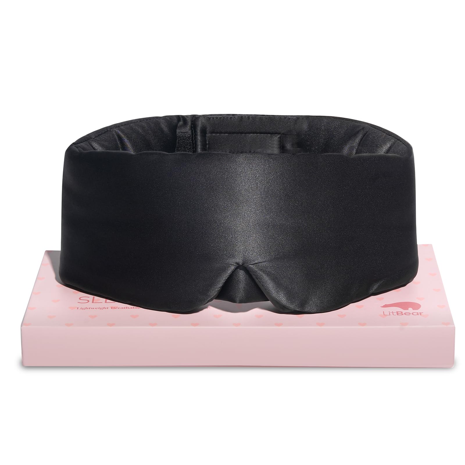 LitBear silk mask front view showing full coverage and darkness benefit