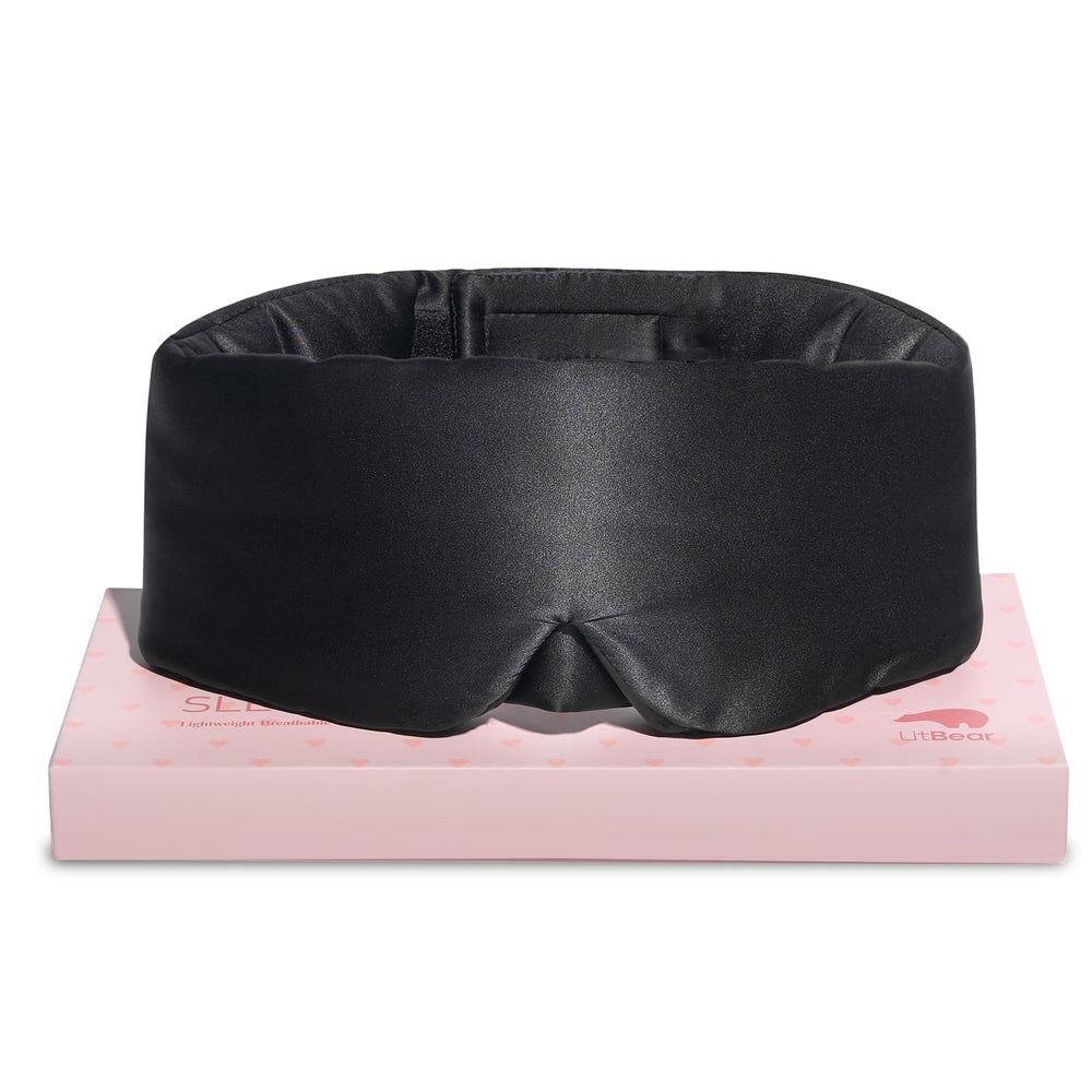 LitBear silk mask front view showing full coverage and darkness benefit