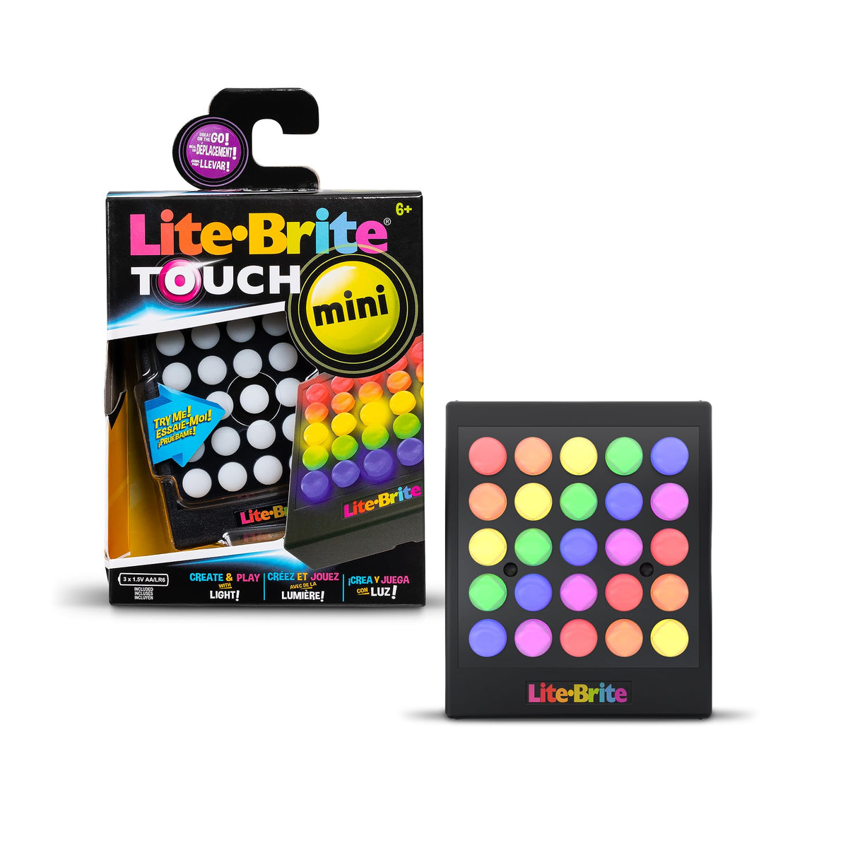 Lite Brite vista frontal con botones iluminados, muestra colores vibrantes