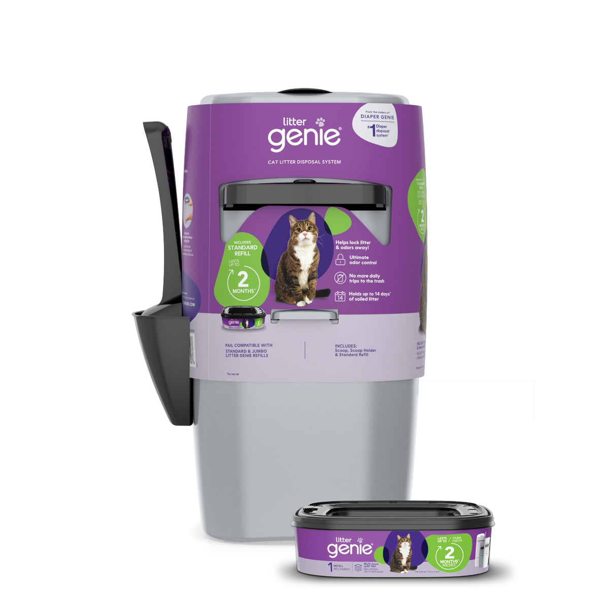 Litter Genie cubo frontal mostrando diseño compacto y control de olores