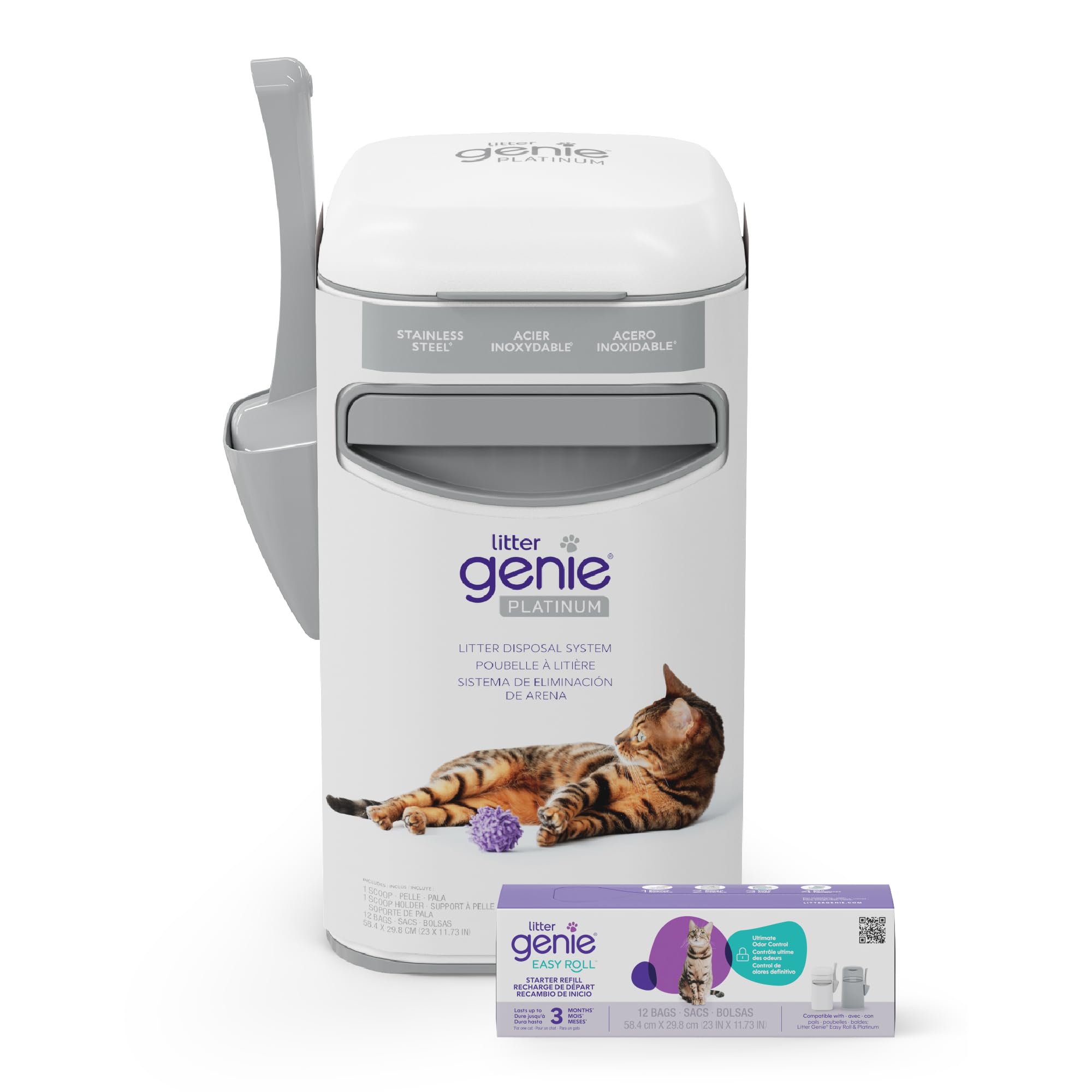 Litter Genie front view stainless steel pail shows sleek design and odor control