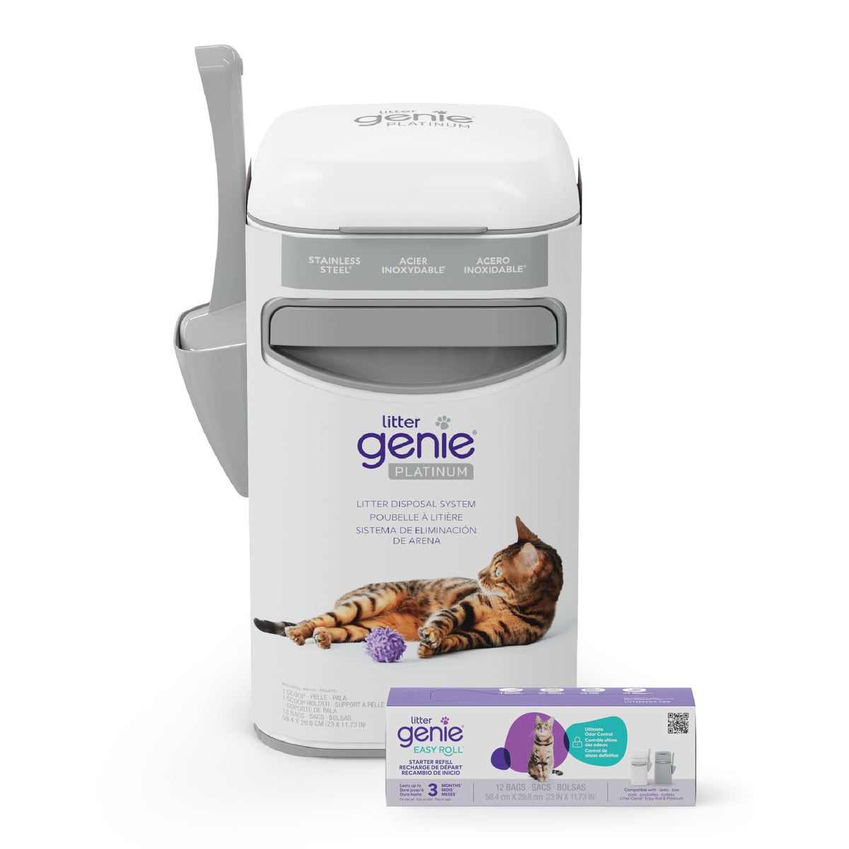 Litter Genie front view stainless steel pail shows sleek design and odor control
