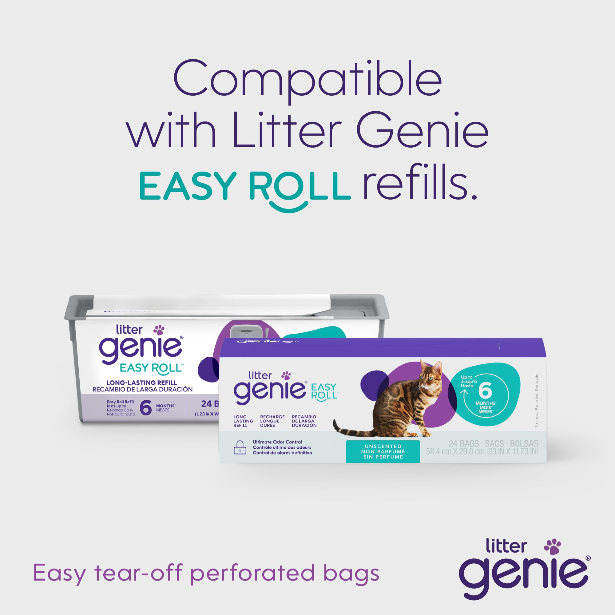 Litter Genie next to cat for size comparison shows compact capacity and convenience