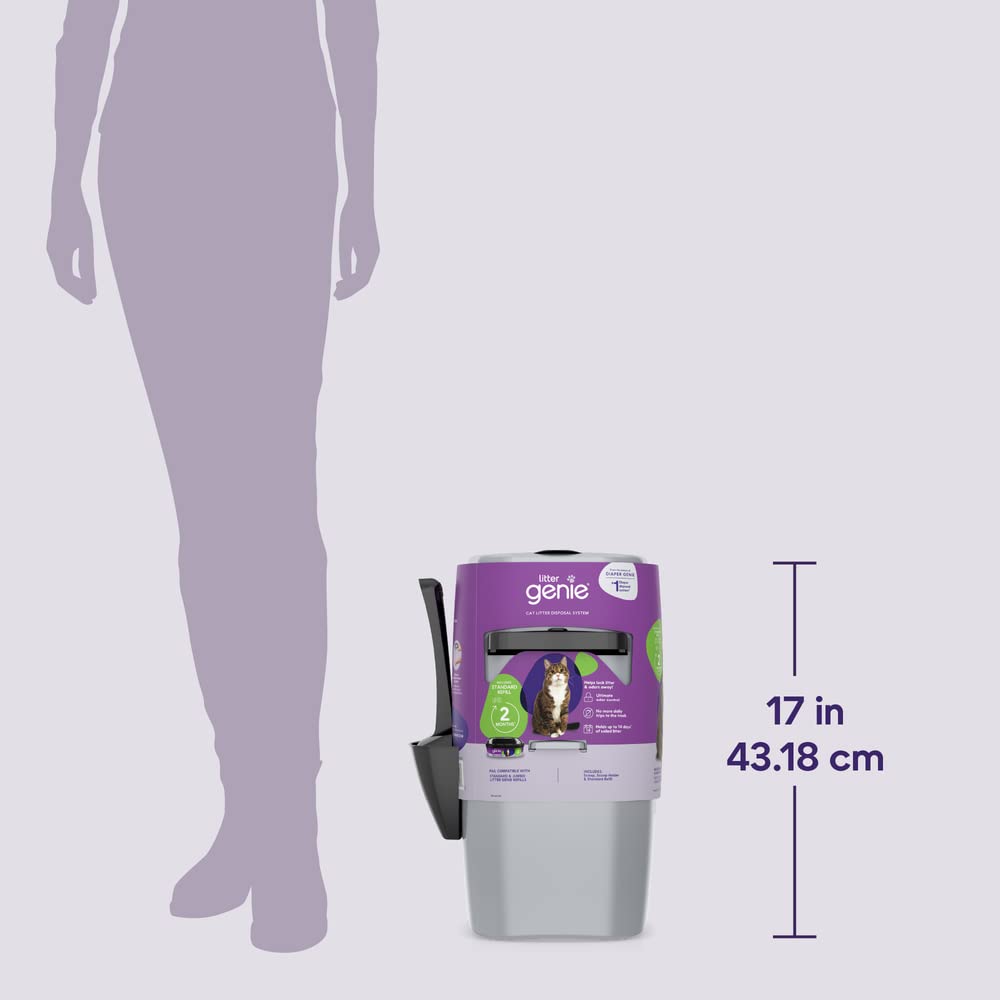 Litter Genie etiqueta y texto de instrucciones visibles para recambio rápido