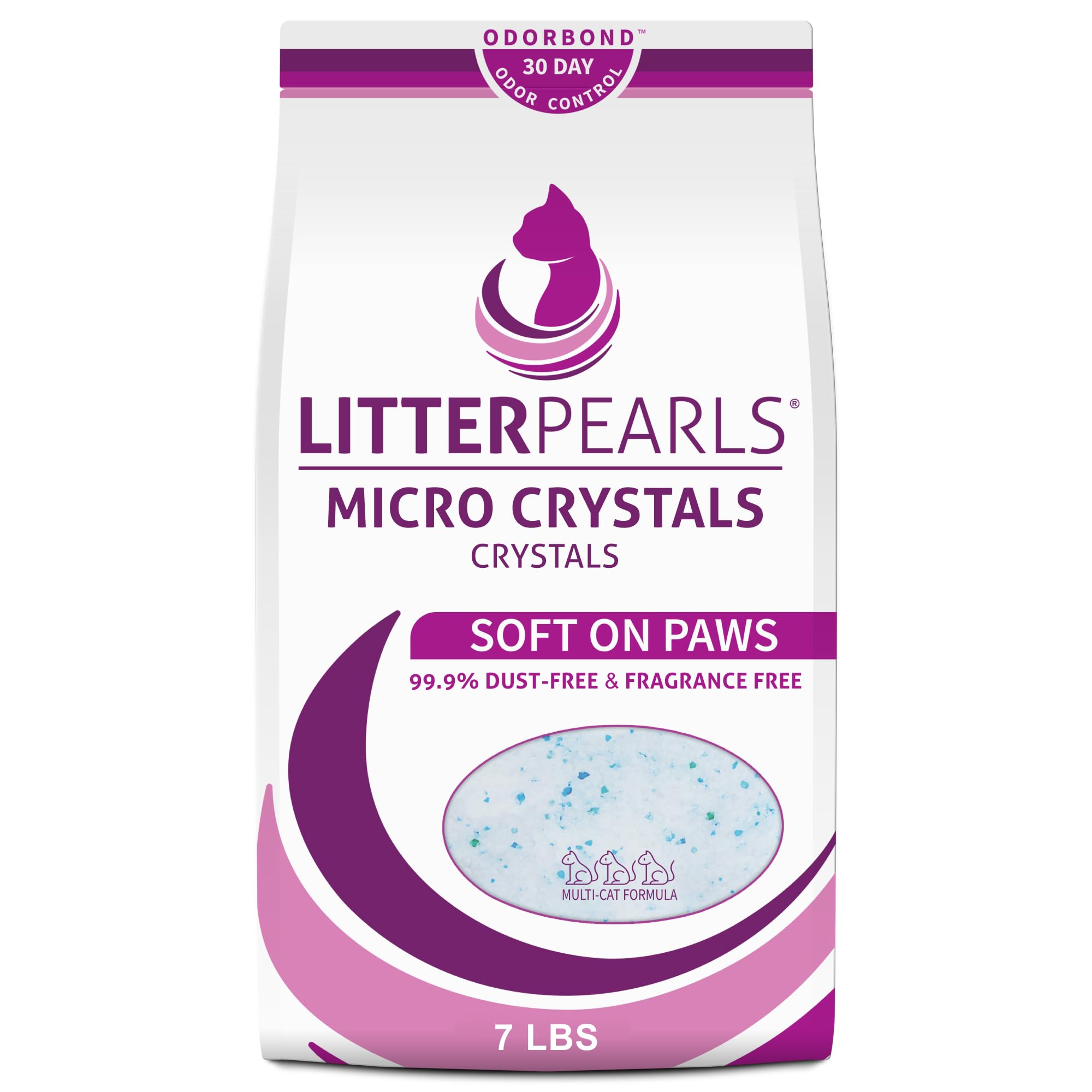Litter Pearls frente del empaque mostrando bolsa de 7 lb y beneficios claros