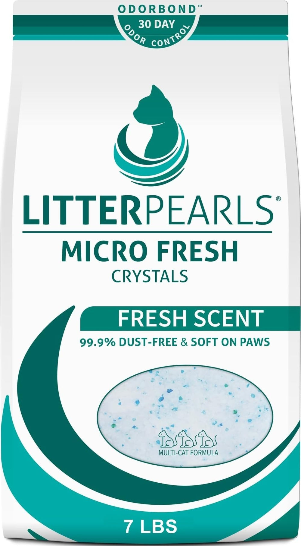 Litter Pearls frente del paquete mostrando la bolsa de 7 lb y beneficios