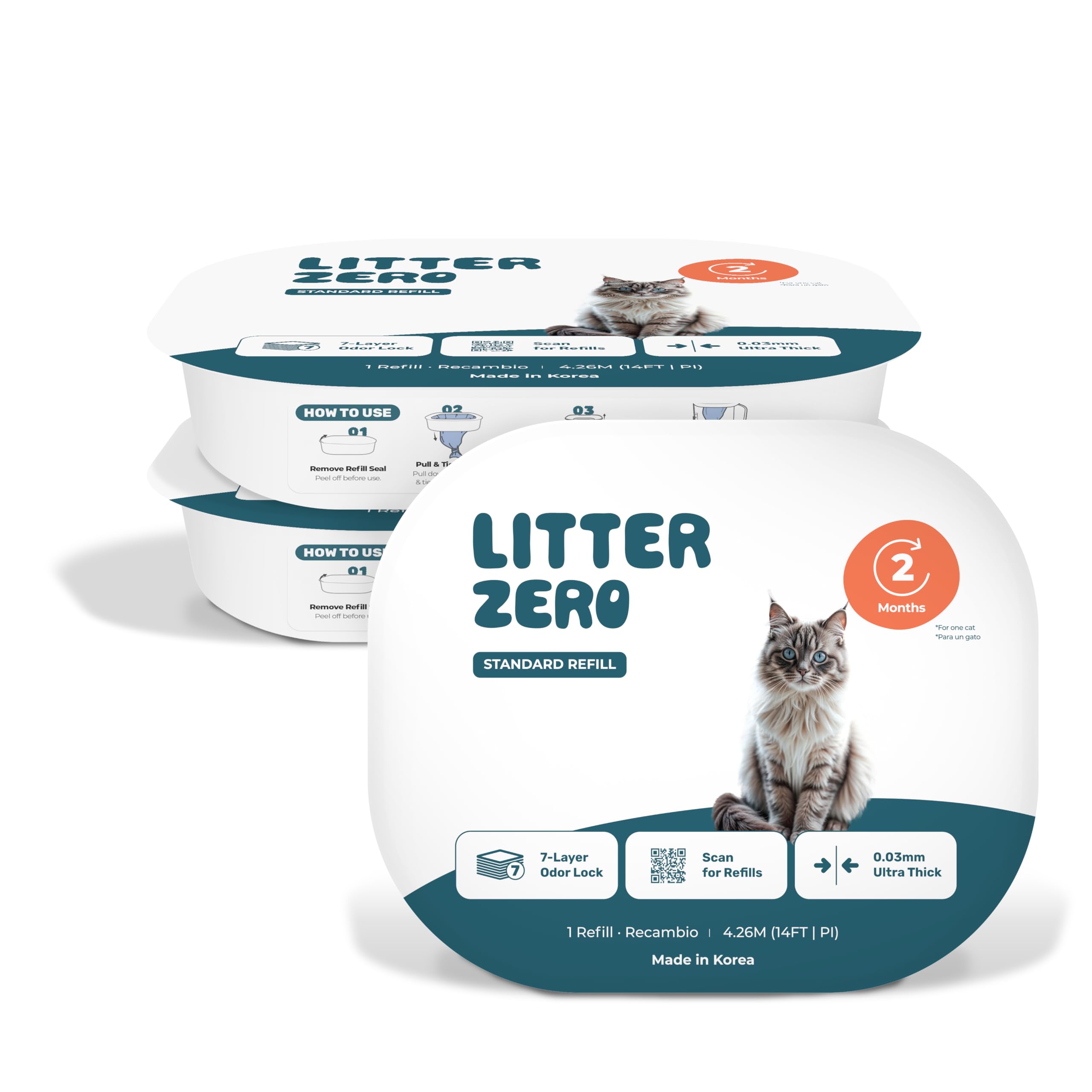 litter zero paquete frontal mostrando rollos y beneficio de control de olores