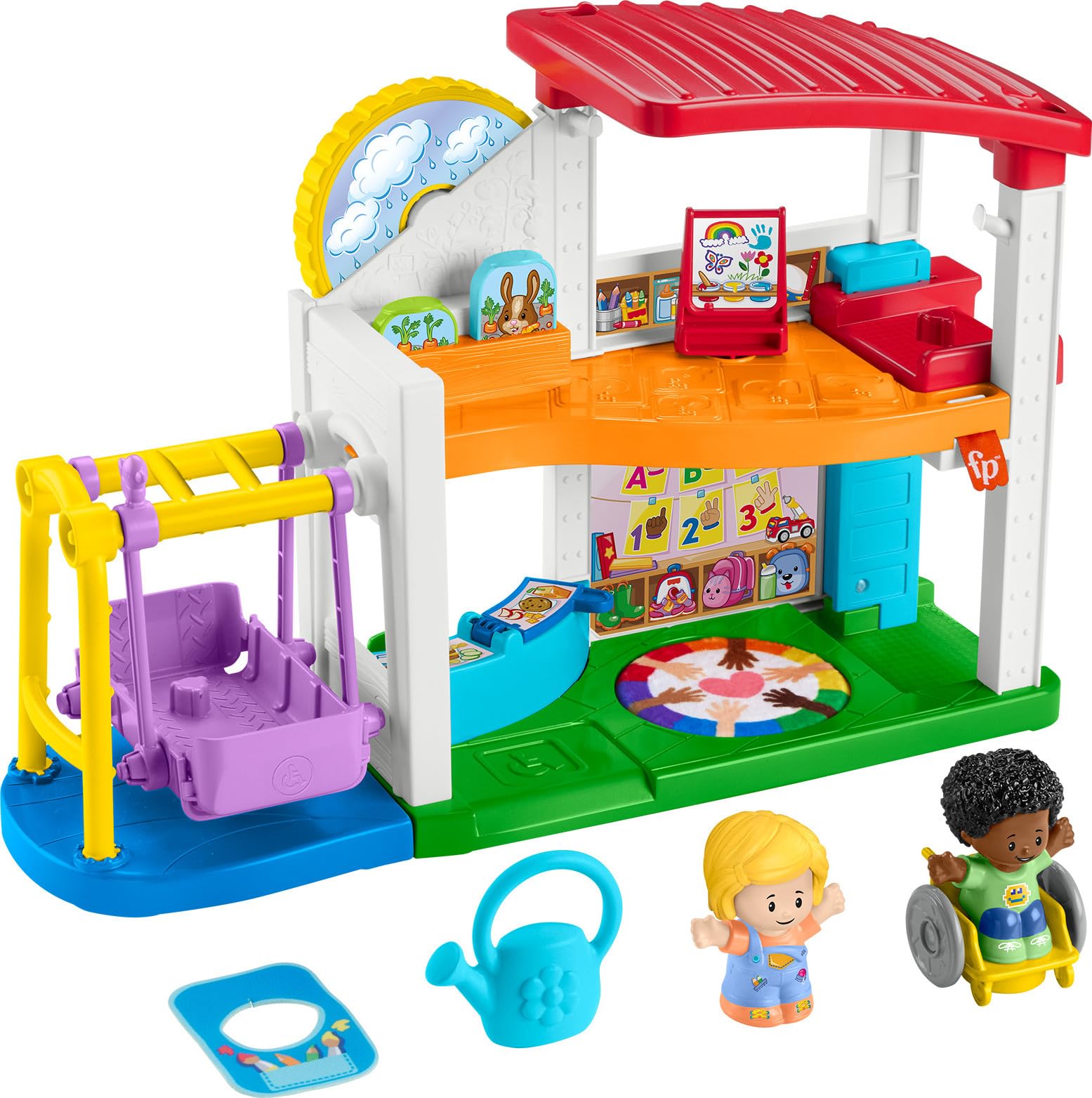 Little People vista frontal del playset, muestra zonas de juego inclusivas y atractivas