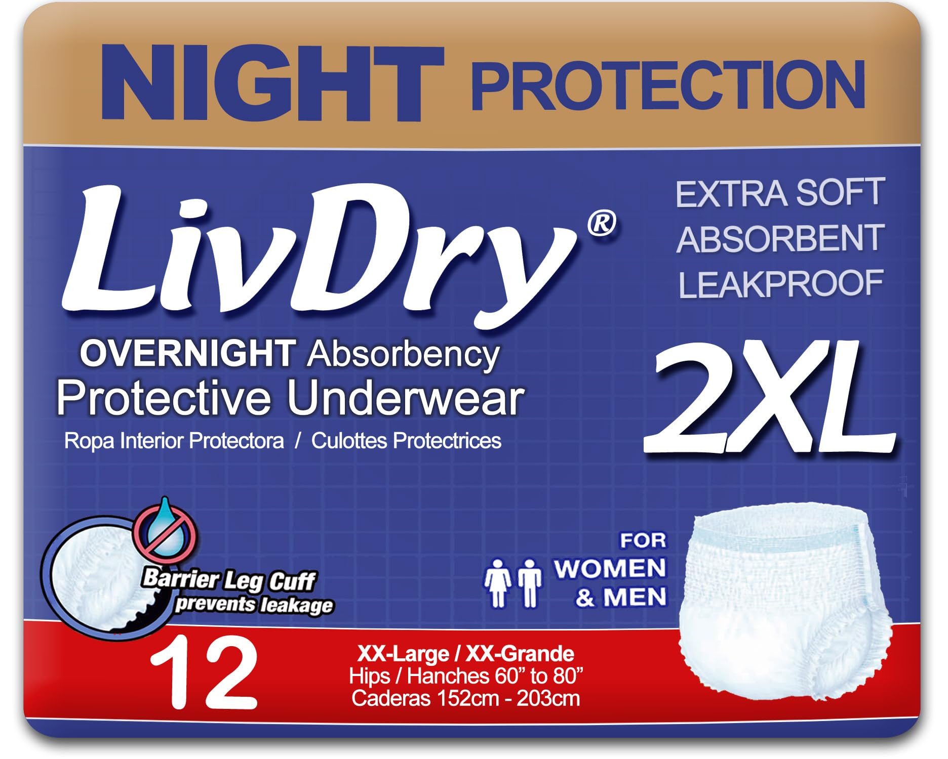LivDry 2XL frente del empaque mostrando talla y beneficio de alta absorción