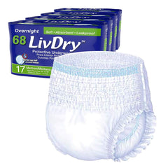 LivDry front packaging showing medium 68-pack and benefits