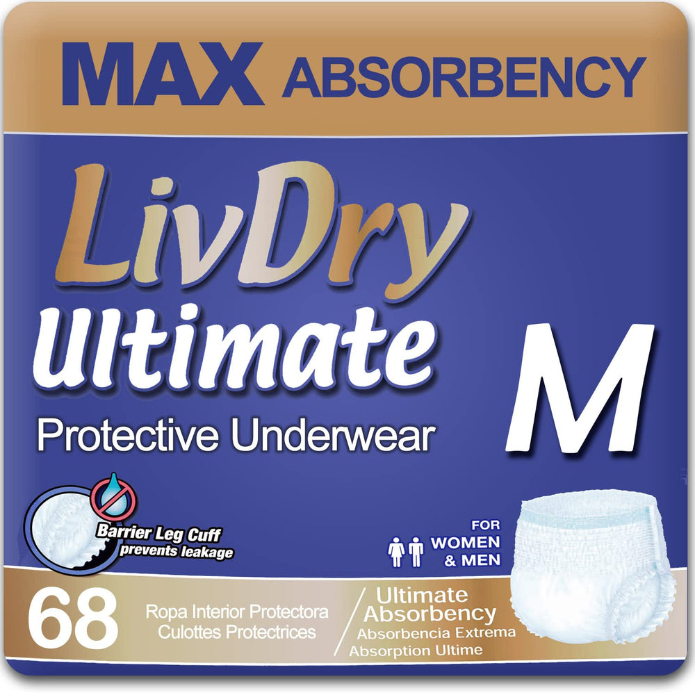LivDry front packaging showing medium 68-pack and product benefits