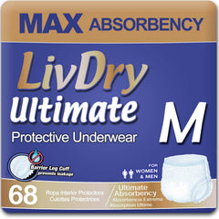 LivDry front packaging showing medium 68-pack and product benefits
