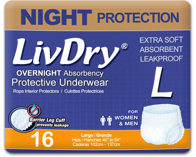 LivDry front packaging showing large overnight protection benefits