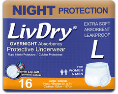 LivDry front packaging showing large overnight protection benefits