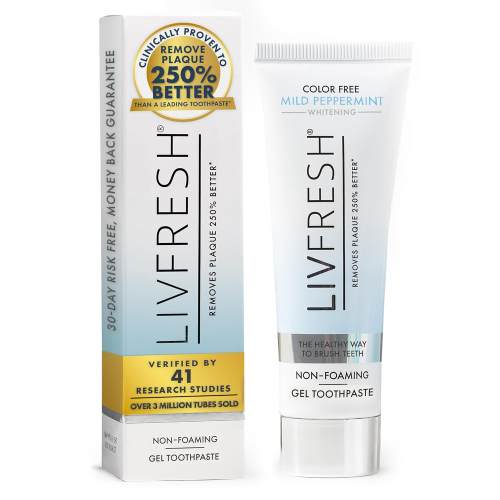 LIVFRESH frente del empaque mostrando beneficios y menta suave