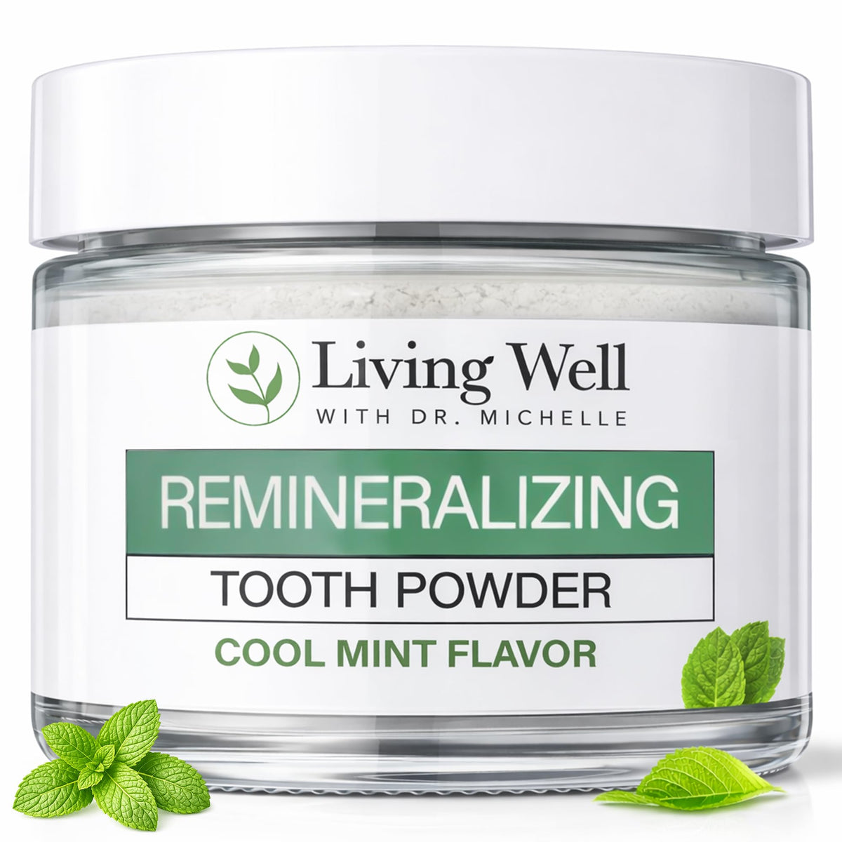 Living Well with Dr. Michelle frasco de vidrio frontal mostrando empaque sostenible