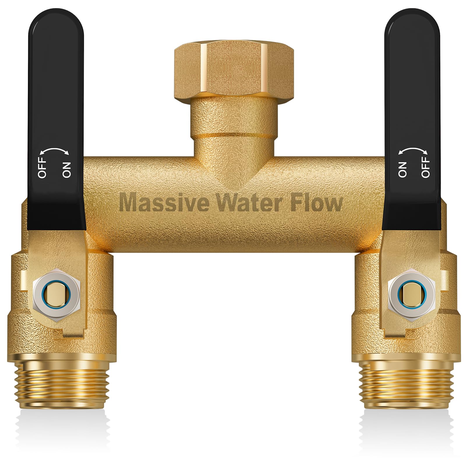LNEZCDB front view of brass splitter showing full-flow design and benefit of durability