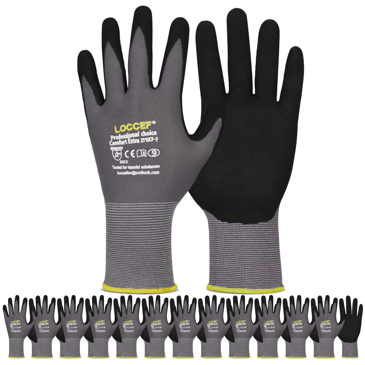 LOCCEF guantes MicroFoam empaque frontal mostrando 12 pares y talla 9/L