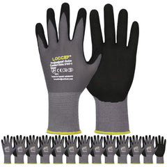LOCCEF guantes MicroFoam empaque frontal mostrando 12 pares y talla 9/L