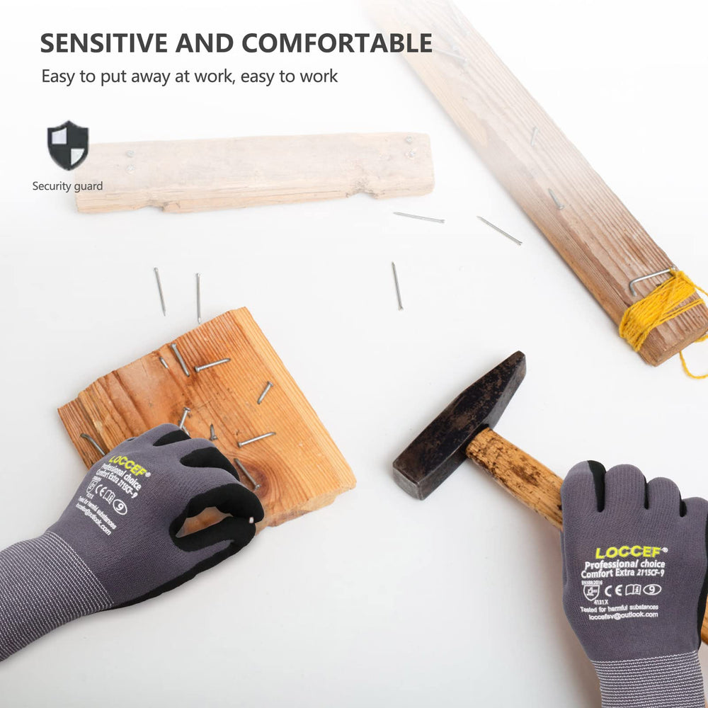 LOCCEF guantes en uso dentro de un taller resaltando protección ligera y agarre