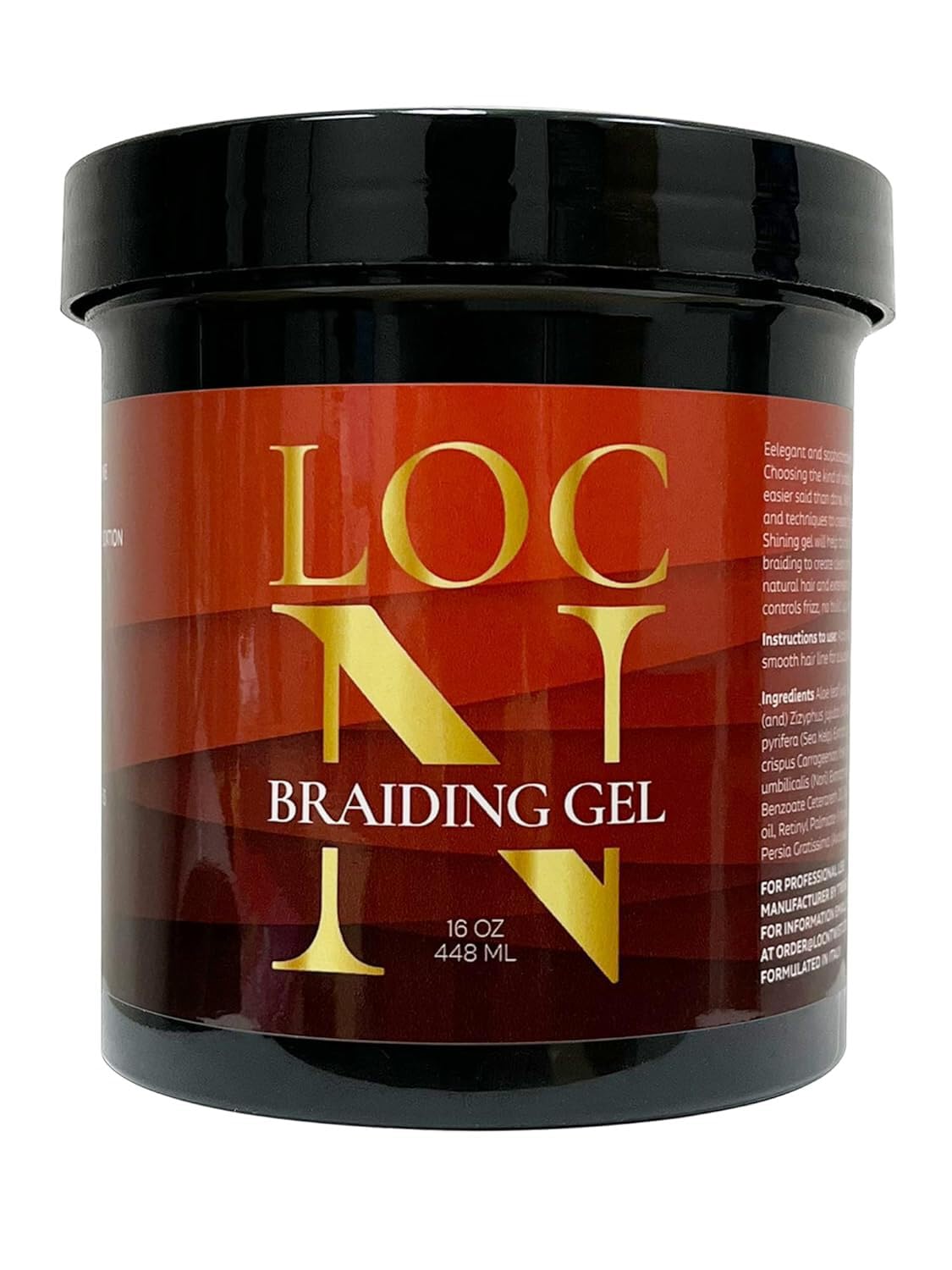 LOCN envase frontal mostrando tamaño y fijación extra para peinados duraderos