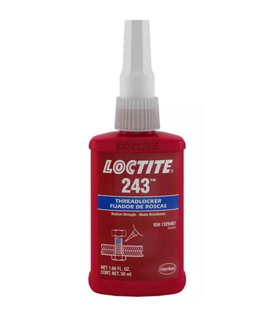 Loctite 243 frente del envase mostrando botella azul y dosis conveniente