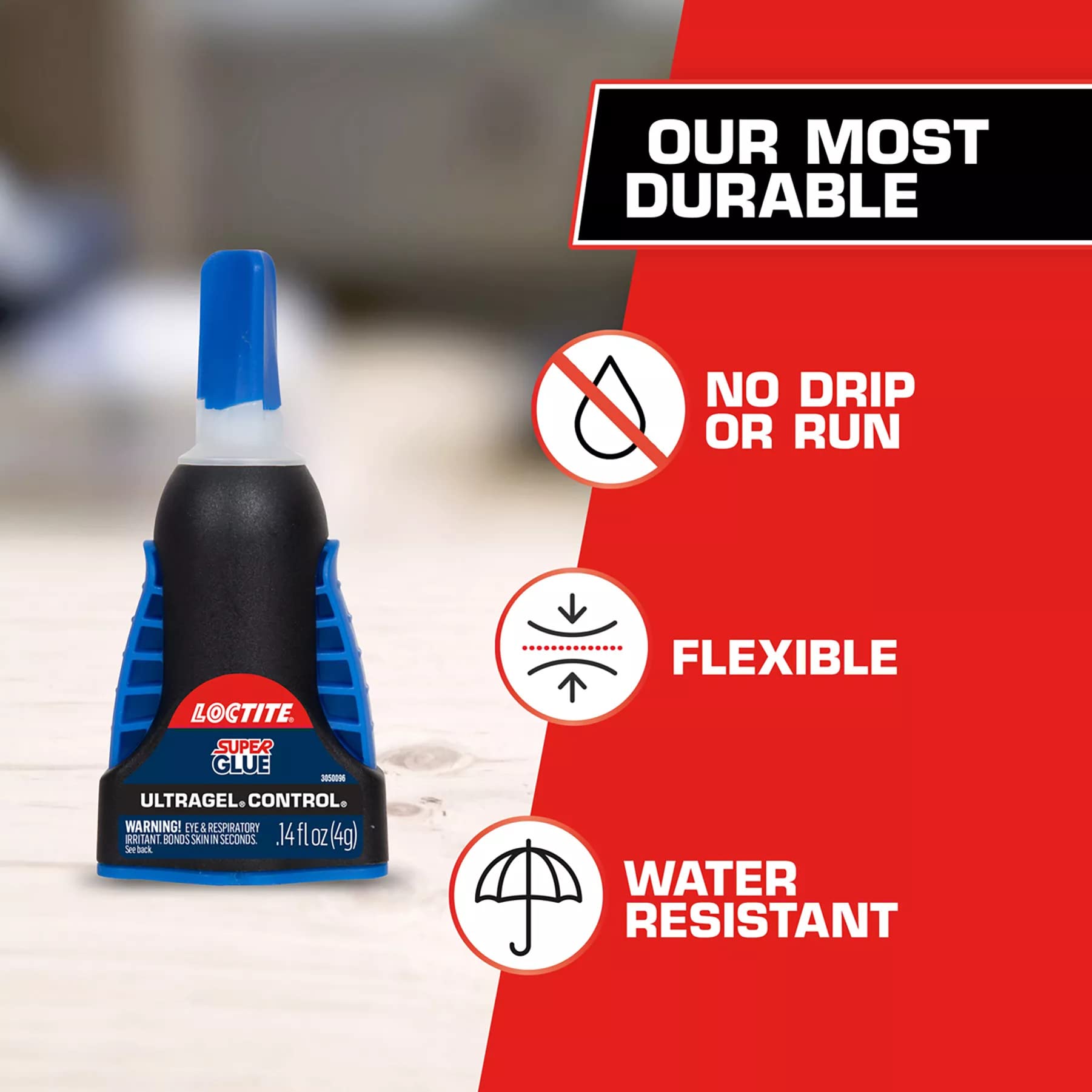 Loctite junto a regla y objetos para comparar escala del envase