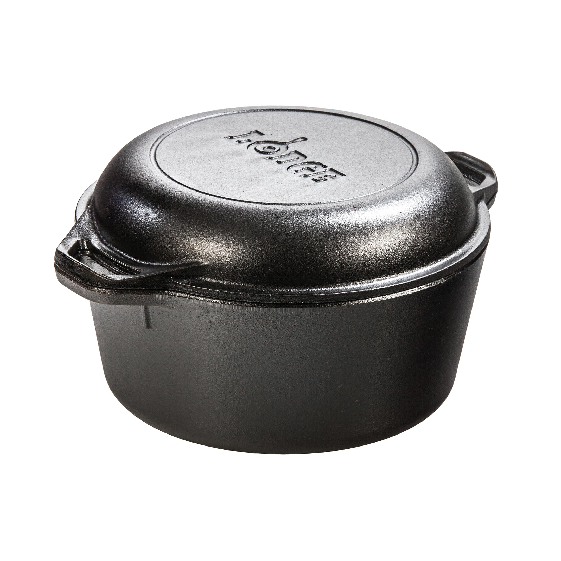 Lodge double Dutch oven front view showing pot and lid, durable versatile cooking