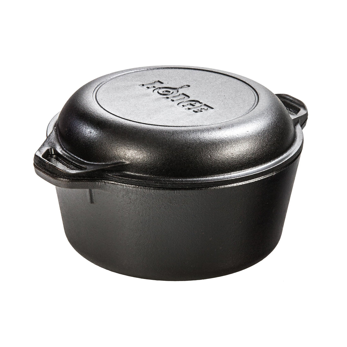 Lodge double Dutch oven front view showing pot and lid, durable versatile cooking