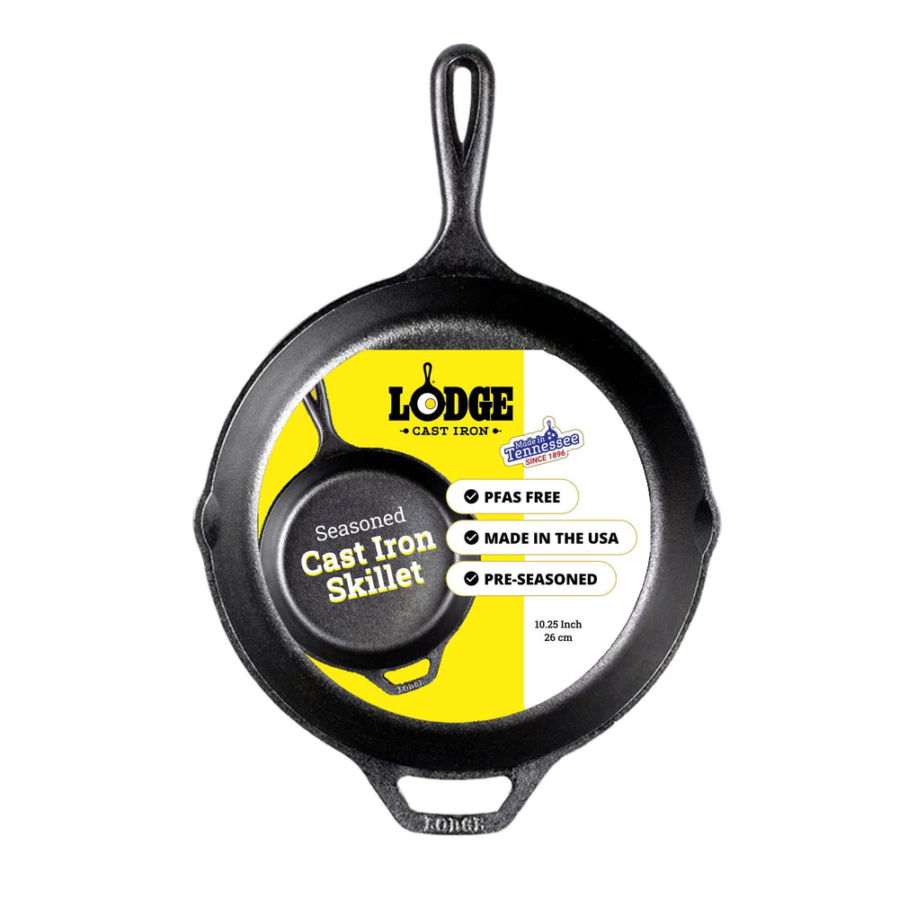Lodge front view of 10.25-inch skillet showing ready-to-use surface and durability