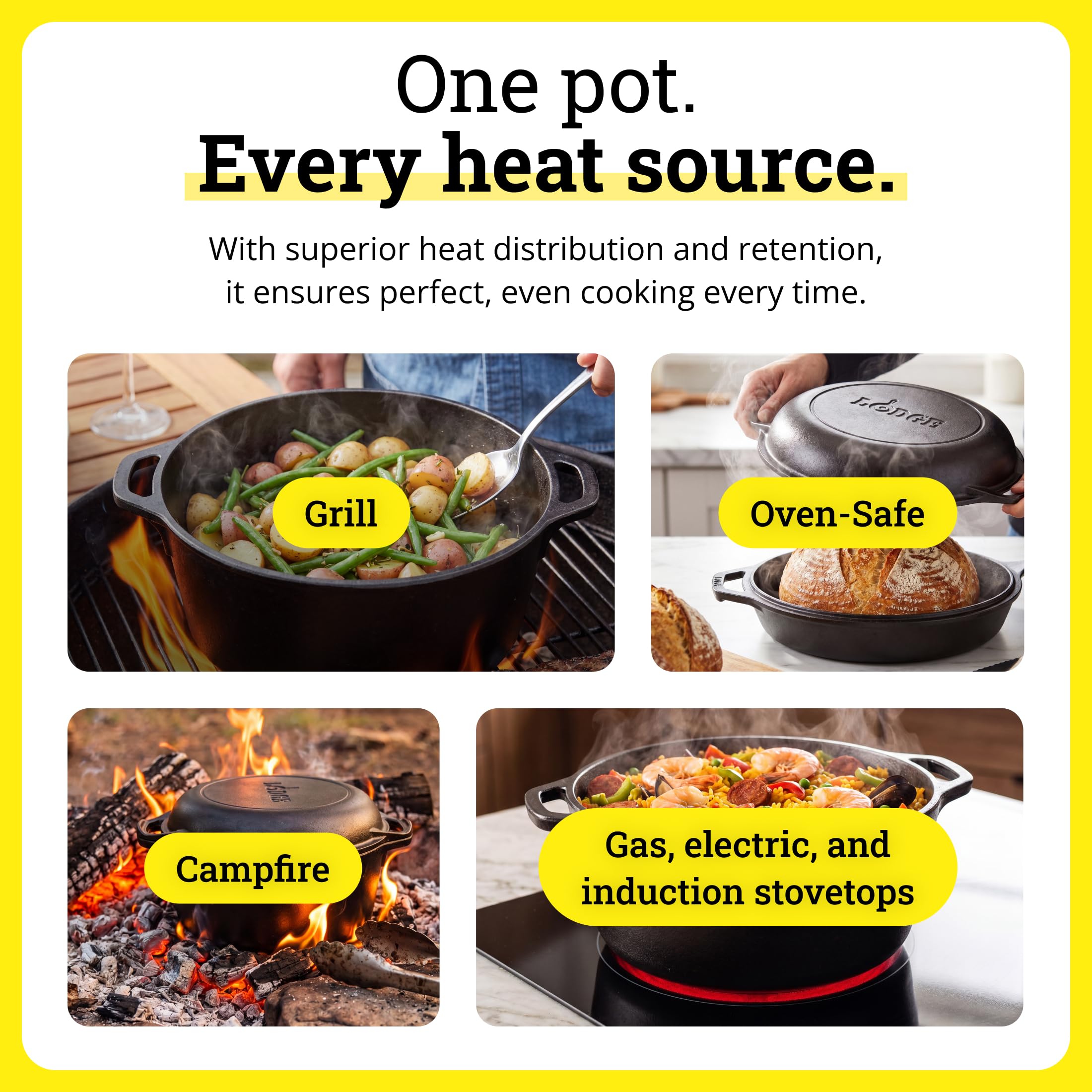 Lodge Dutch oven in use on gas stovetop, even heat retention for simmering