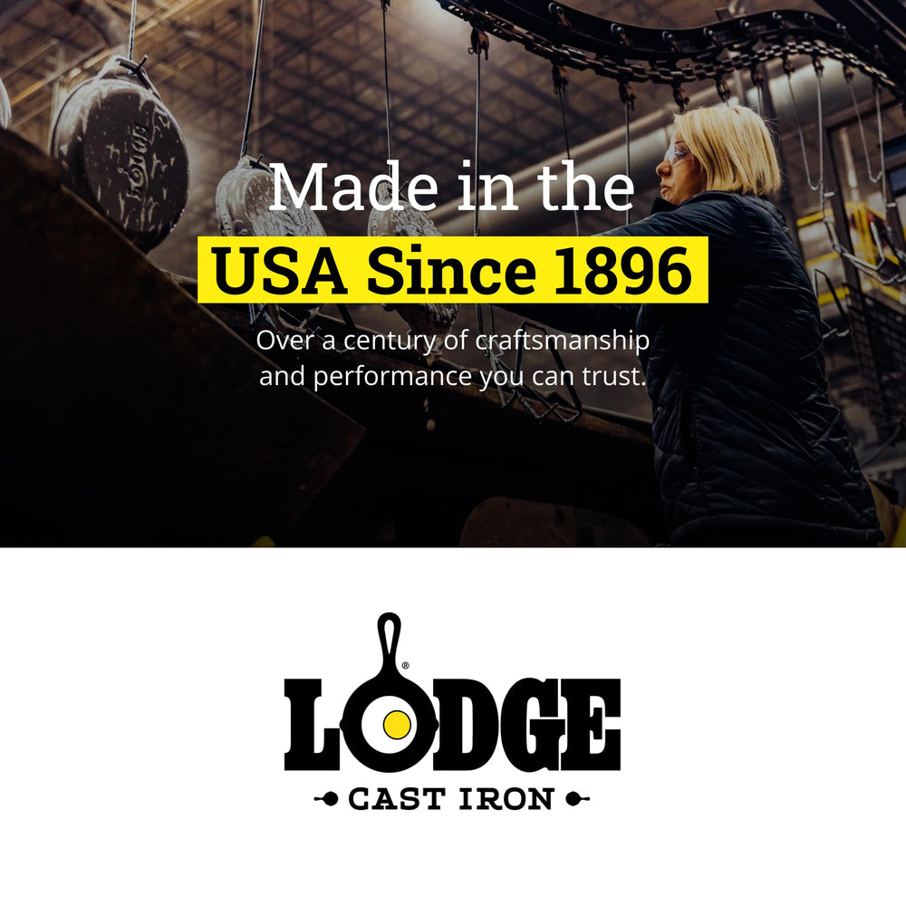 Lodge embalaje y etiqueta que indican acabado curado y sin PFAS