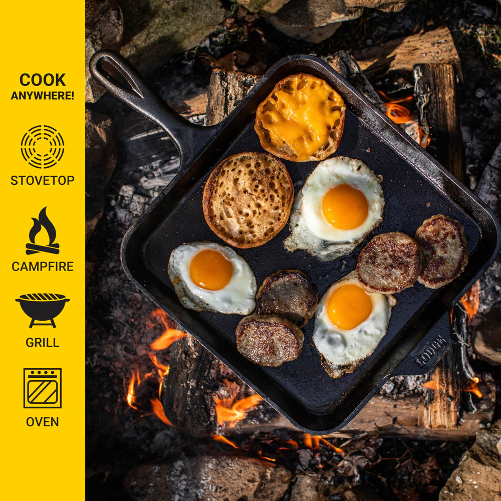 Lodge plancha en estufa con pancakes, beneficio cocción pareja y versatilidad