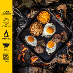 Lodge plancha en estufa con pancakes, beneficio cocción pareja y versatilidad