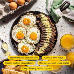 Lodge griddle on a charcoal grill illustrating outdoor versatility and reliable searing benefit