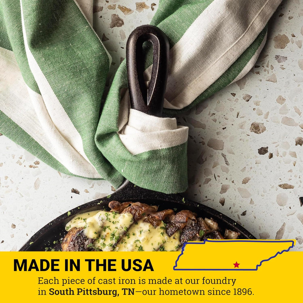 Lodge griddle next to spatula for scale showing 10.5-inch size and compact storage benefit