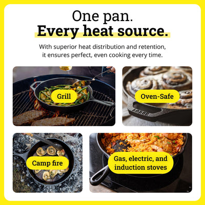 Lodge skillet cooking over campfire illustrating durable outdoor use