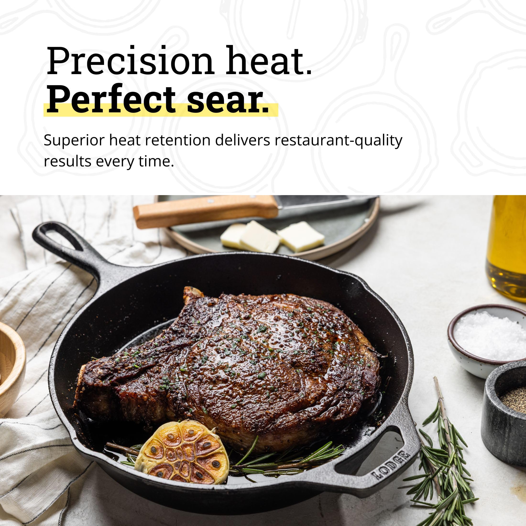 Lodge skillet on gas stove searing steak with consistent heat distribution