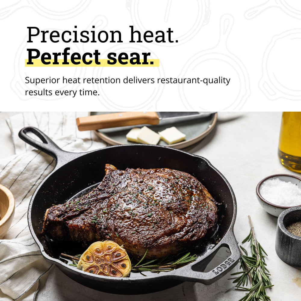 Lodge skillet on gas stove searing steak with consistent heat distribution