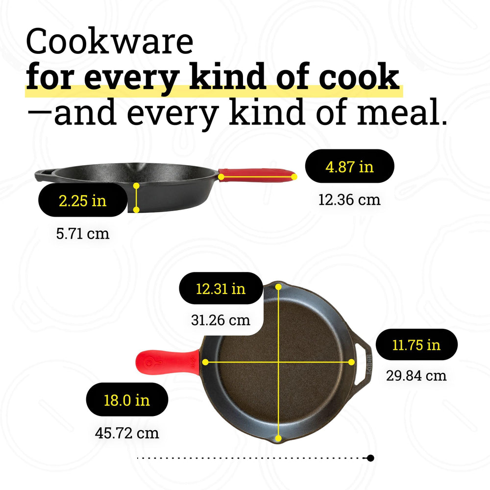 Size comparison of Lodge skillet next to saucepan showing scale advantage
